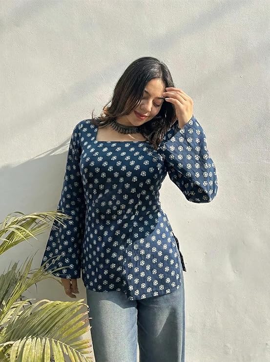 Image of ANNI Designer Women's Viscose Blend Printed Short Kurti | Straight Fit Ethnic Top with Square Neck | Bell Sleeve Indian Kurta for Office College, Party