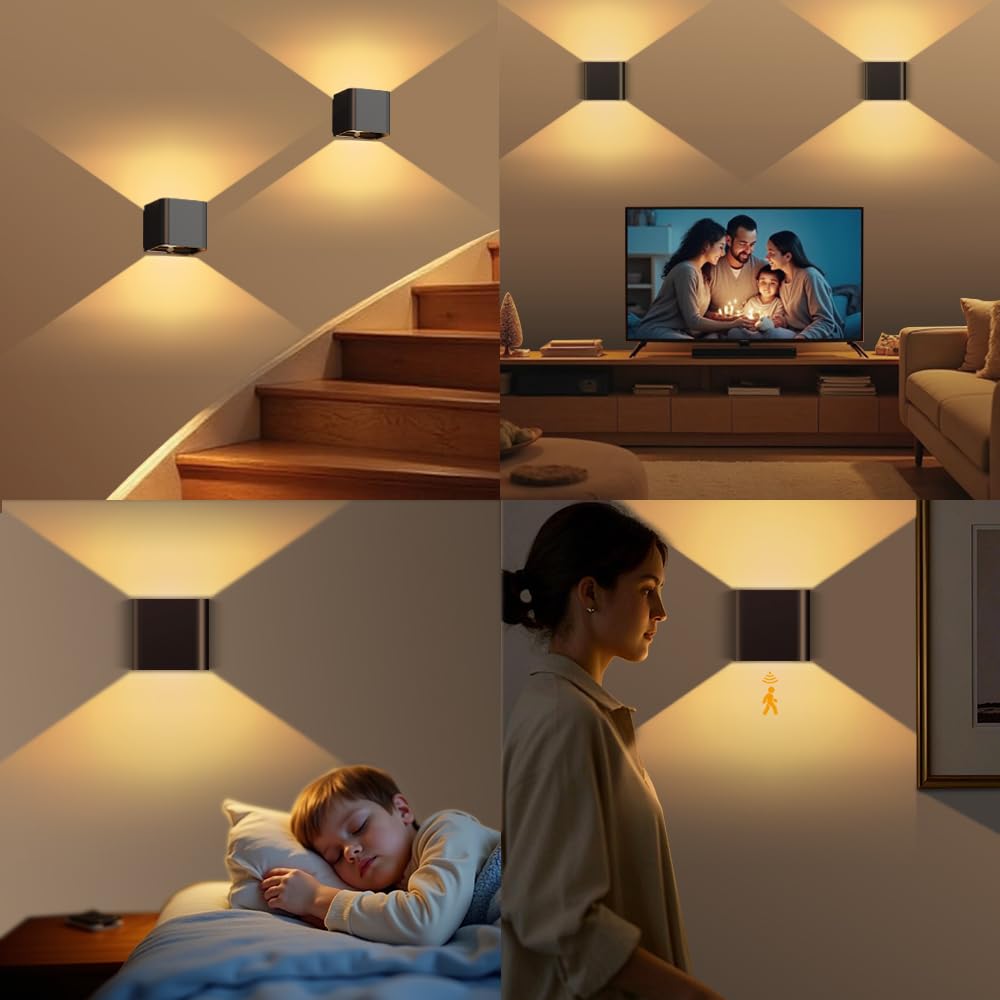 Applique da Parete con Sensore di Movimento 2 Pezzi LED Lampada da Parete Interno Bianco Caldo 2 Modalità Angolo di Luce Regolabile Ricaricabile USB-C per Balconi, Corridoi, Camere da Letto