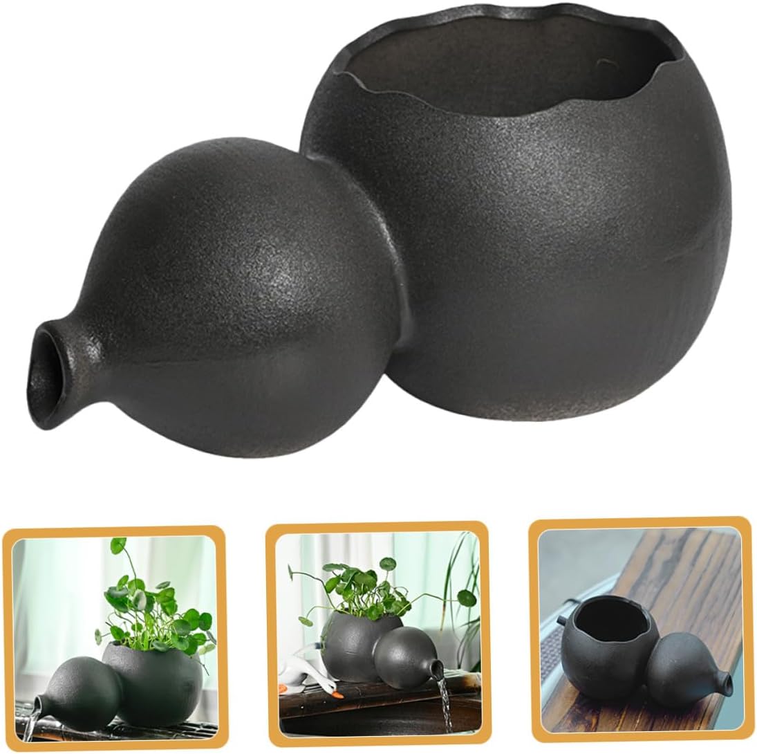DOITOOL Ceramic Gourd Water Fountain Indoor Tabletop Decorative Jar Circulating Waterfall Fountain for Garden and Home Black Small Without Pump