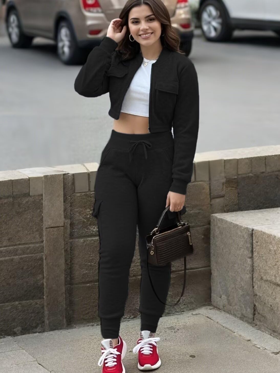 Womens 2 Piece Outfits Tracksuits Zip Up Crop Tops Sweatsuit Long Sleeve Jacket Stacked Jogger Cargo Pants Set with 6 Pockets - Image 5