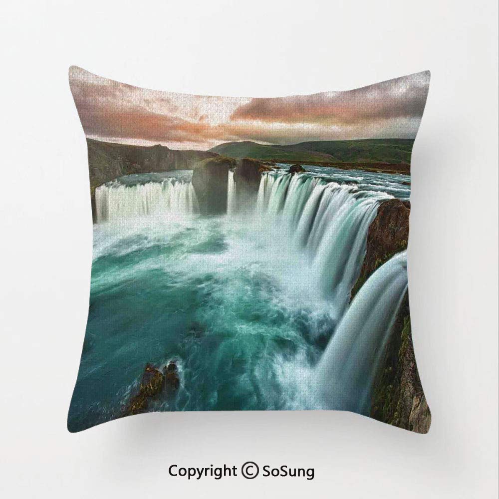 SoSung Waterfall Linen Throw Pillow Cushion,Photo of Majestic Iceland Waterfall Flowing Down The River Northern Magical Nature Decorative,15.7x15.7Inches,for Sofa Bedroom Car & Home Decorate Multi