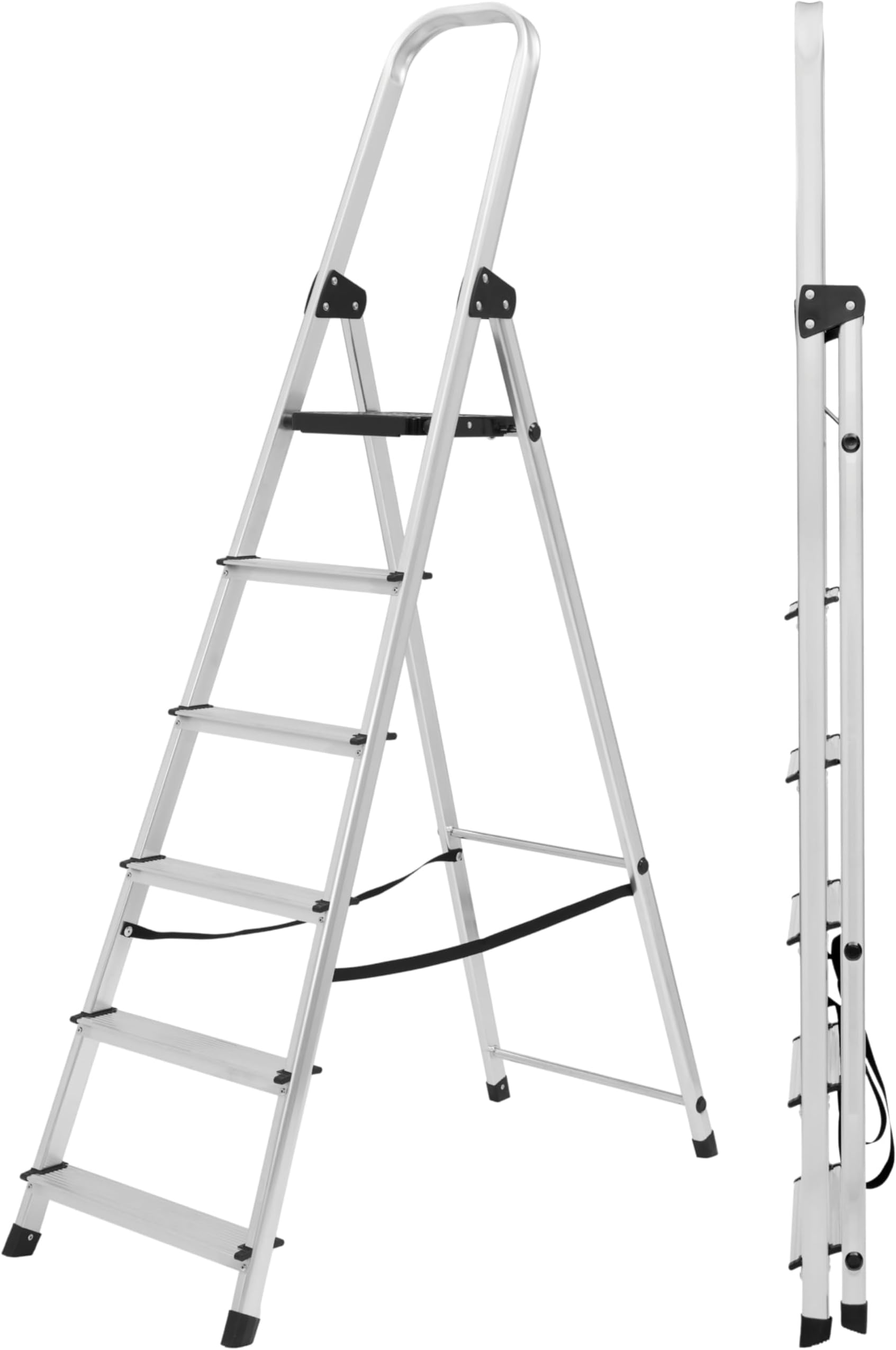 Lightweight Step Ladders 6 Step 71.2'' (181cm) 330.6lbs (150 kg) Max Load - Compact Aluminium Stepladder with Non-Slip Wide Step, Portable Silver Color - Tall Folding Ladder with Platform