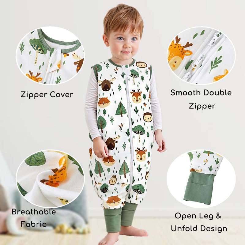 Image of Chilsuessy Toddler Sleep Sack with Feet 3-4 T, 1.0 TOG Cotton Baby Wearable Blanket with Legs, Sleep Bag Walker with 2-Way Zipper, Forest Animals+Green