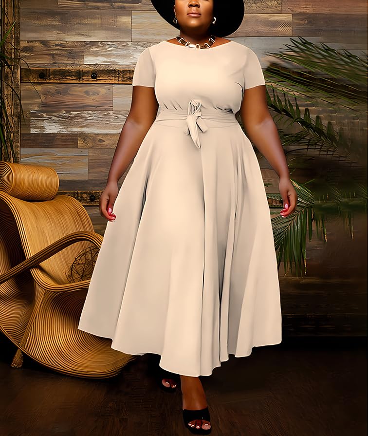 Image of Hostoyo Women Plus Size Formal A Line Maxi Dress Self Tie Waist with Pockets Elegant Round Neck Swing Long Dresses