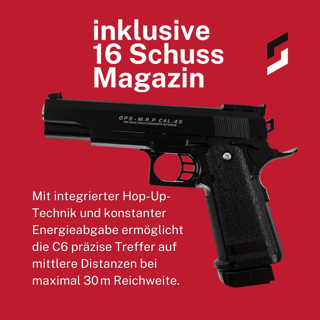 Softair Pistole Set C6 6mm Federdruck Vollmetall Airsoft ab 14 Jahren unter 0,5 Joule mit Magazin und 500 OpTacs BBS realistische Zweitwaffe Einsteiger Trainingspistole