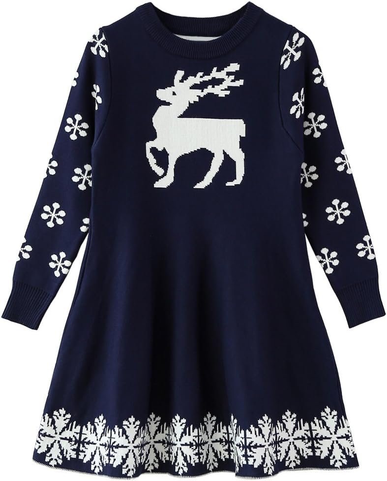 SMILING PINKER Little Girls Christmas Dress Reindeer Snowflake Xmas Gifts Winter Knit Sweater Dresses