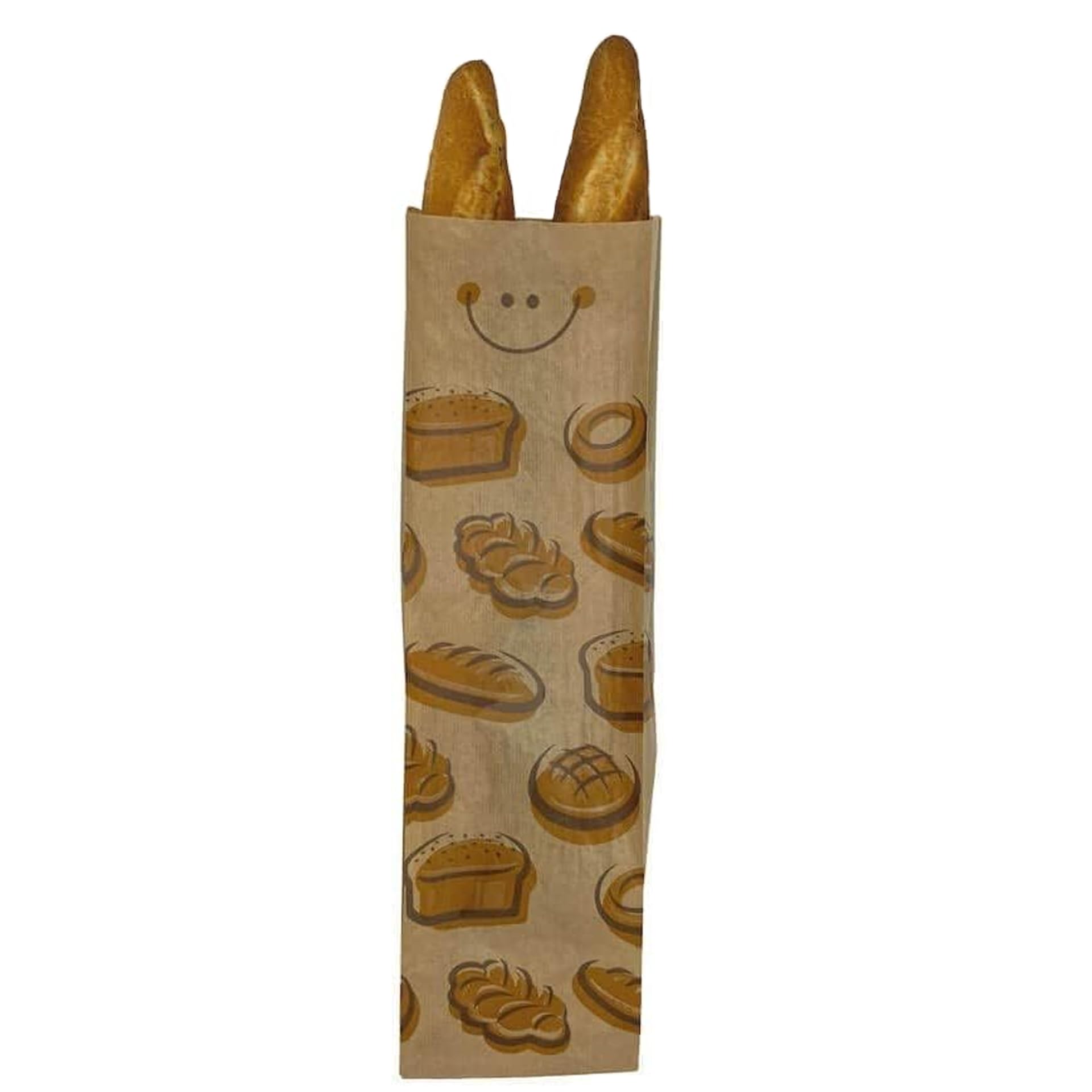 BALSAT Bolsas de Papel Kraft para Panadería | Estampado Atractivo de Pan y Caritas | Seguras y Cómodas | Varias Medidas | Resistentes y Evitan el Aplastamiento | 1000 Uds 18x51 cm (2 Barras normales)