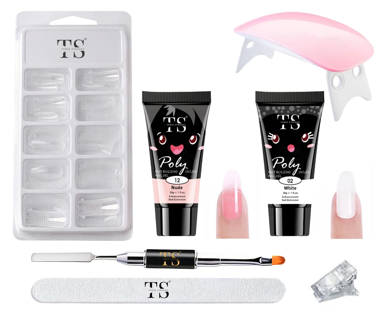 THR3E STROKES Poly Nail Gel Extension Kit With Slip Solution, UV Lamp for Builder Gel, Art Kit, Extension Set (NUDE+WHITE POLYGEL)