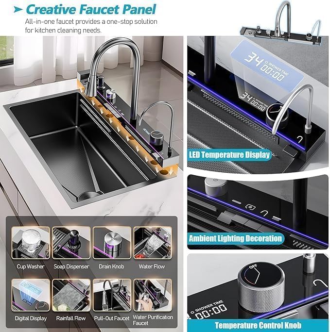 Image of EVANEX Kitchen Sink 30 inchx18 inchx9 inch Inch Piano Sink Kitchen 304 Grade Stainless Steel Single Bowl Waterfall Sink Multipurpose Kitchen Sink with Integrated Waterfall and Pull Down Faucet