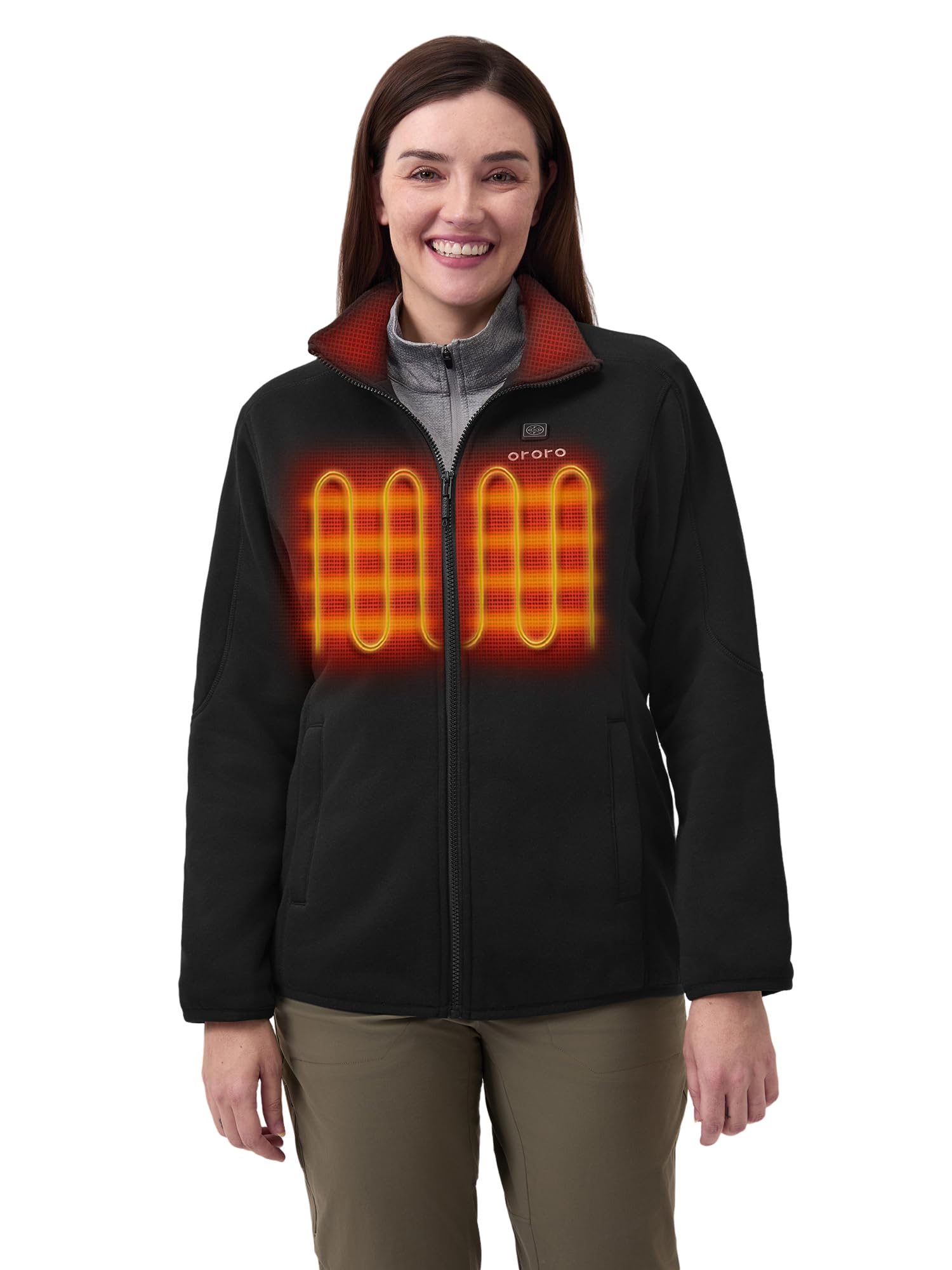 Ororo Women's Black Upgraded 4-Zone Fleece Heated Jacket With Heated Collar, Electric Fleece Jacket With Power Bank (,M)