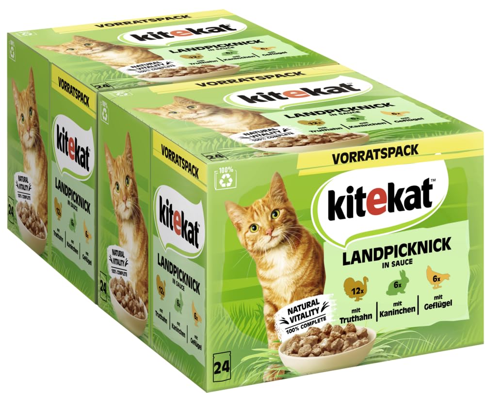 KITEKAT Portionsbeutel Nassfutter, 85g (48er Pack), Landpicknick In Sauce - Für Katzen, Ohne Konservierungsstoffe