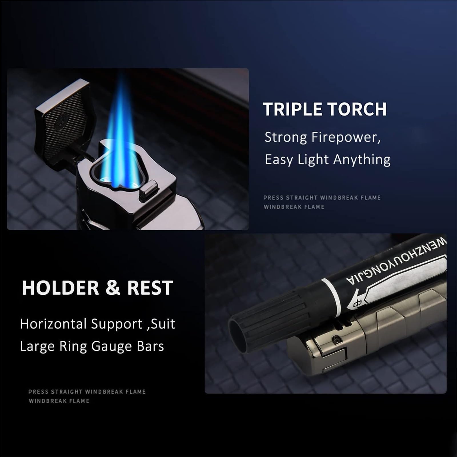 Triple Jet Flame Vintage Metal Butane Lighter with Visible Gas Window Push to Ignite, Adjustable Flame Windproof Portable Lighter for Candle Camping Gift (No Fuel Included)(Red Brass)