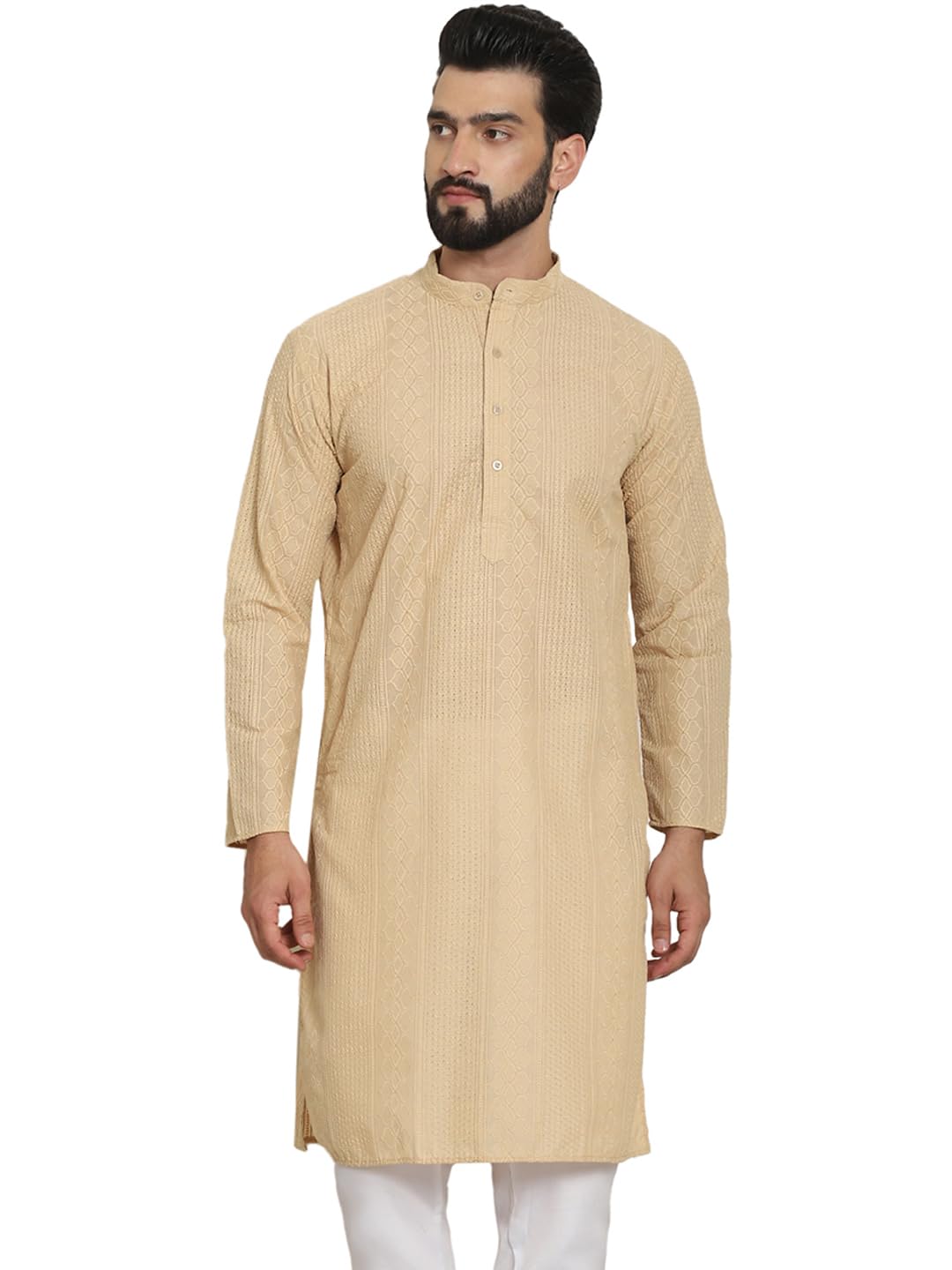 Sojanya (Since 1958 Men's Cotton Thread Embroidered Beige Long Kurta
