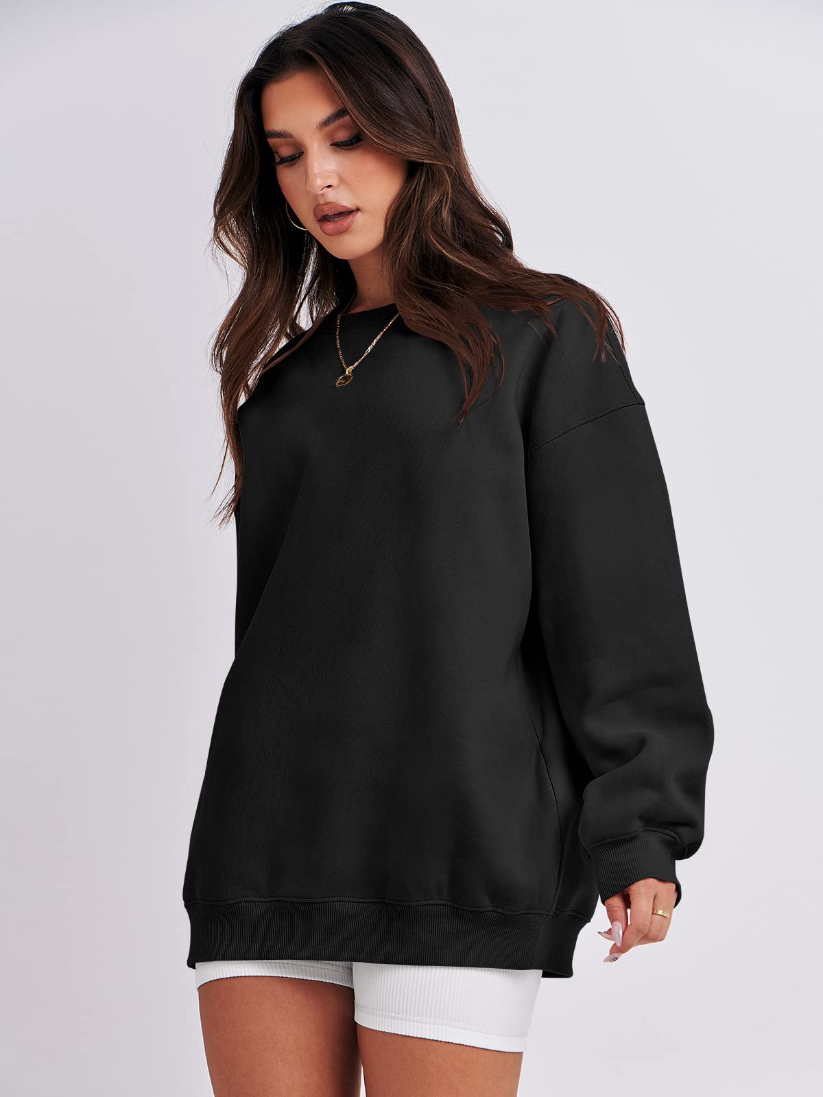 Damskie bluzy oversize bluzy z kapturem polar okrągły dekolt sweter top codzienne jesienne stroje preppy ubrania nastolatki 2024 A1019 światło, Jeden kolor, Black_X-Small