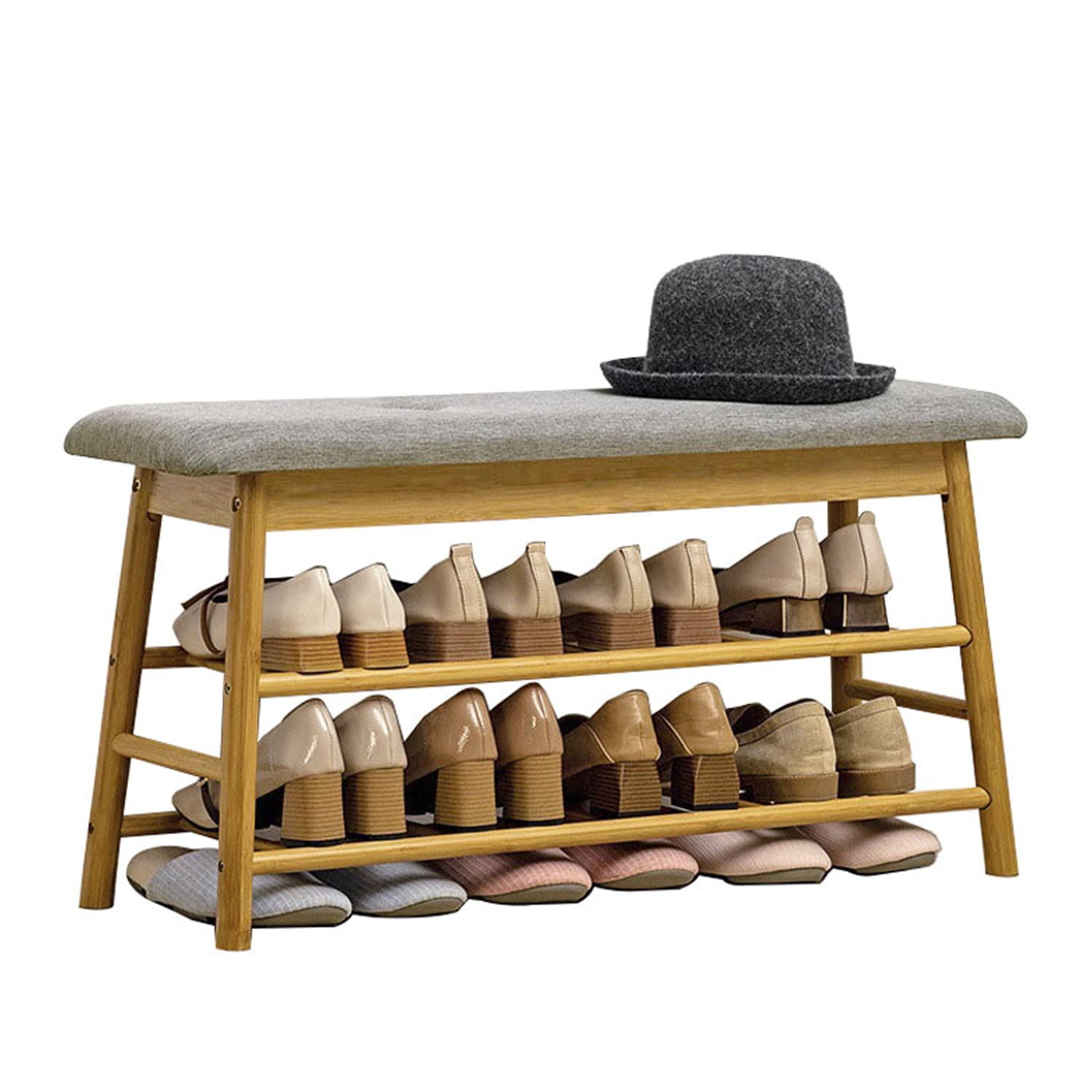 IOTXY Shoe Rack Storage Bench - Bamboo Shoe Shelf with Cushioned Seat and Organizer Compartment, Upholstered Bench for Entryway, Hallway, Bedroom, 35.4"