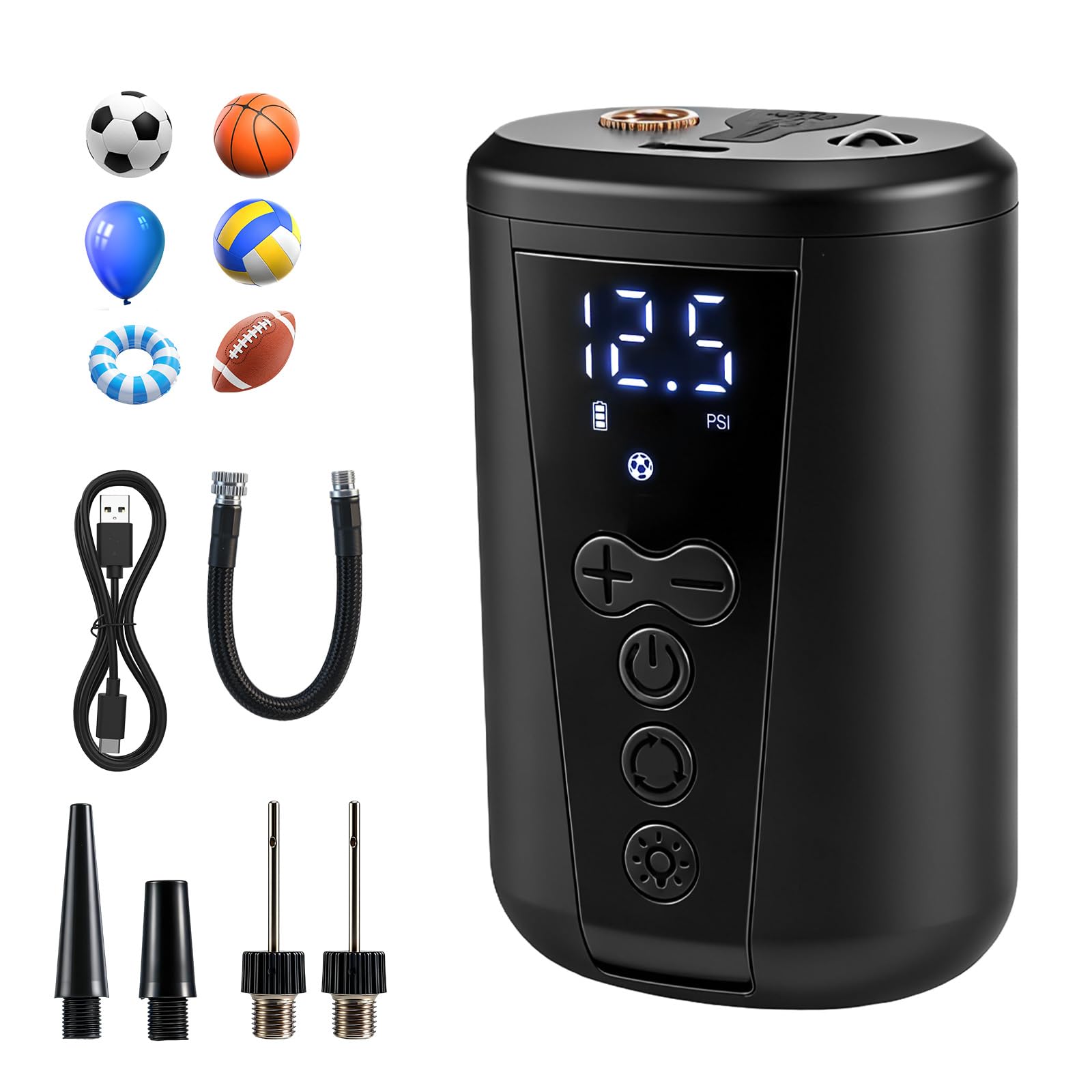 Electric Ball Pump, Smart Football Pump Portable Fast Ball Inflator with Precise Pressure Gauge, LED Light, Digital LCD Display, 4 Preset Mode, 2000mAh Battery for Basketball Volleyball Rugby, 2-15PSI