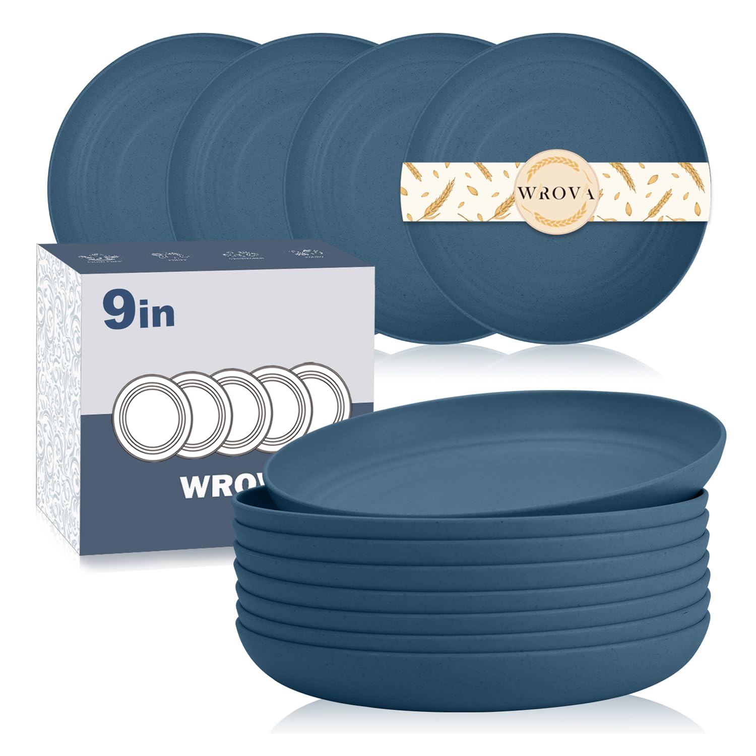 Wrova Plastic Plates 9 Inch | Set of 8 | Reusable Deep Plate Set Unbreakable Plates for Salad, Fruit, Chip - Dishwasher & Microwave Safe Plate for Kitchen - Blue — image 1
