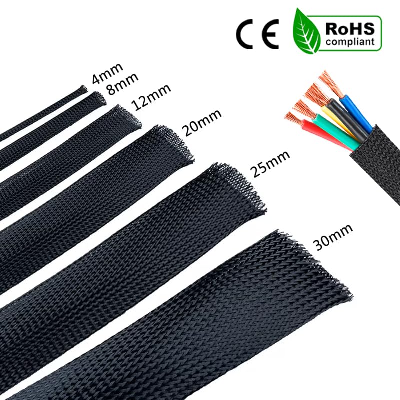 Gaine de protection isolée noire en PET de 1/5/10 m - 6/8/10/30 mm - Gaine de protection contre les étoupes - Tube en nylon ignifuge (30 mm, 100 m)