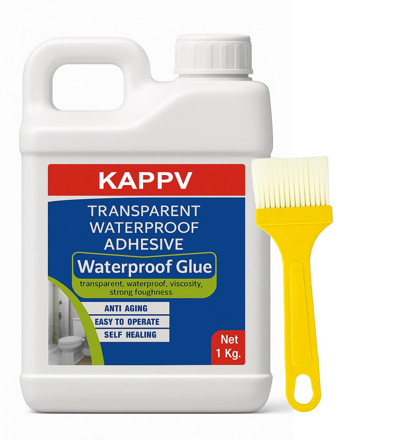 KAPPV 1Kg Transparent Waterproofing Glue with Brush for Roof Leakage, Crack Seal Water Leakage Solution Indoor Outdoor, Waterproof Adhesive Sealant for Bathroom Pipe Wall Tile Surface Window (1kg)