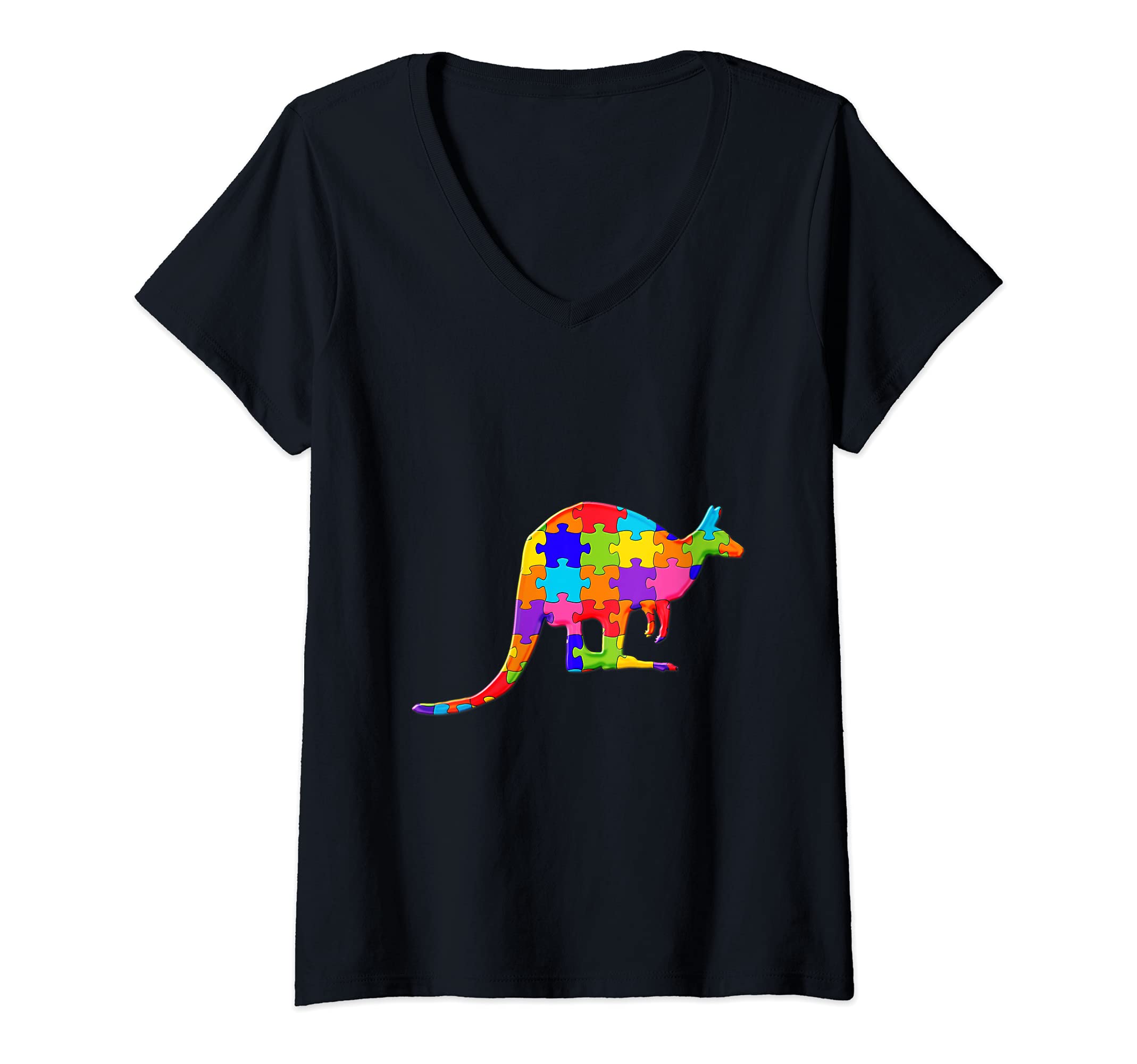 Womens Kangaroo Animal Jigsaw Autism Puzzle V-Neck T-Shirt