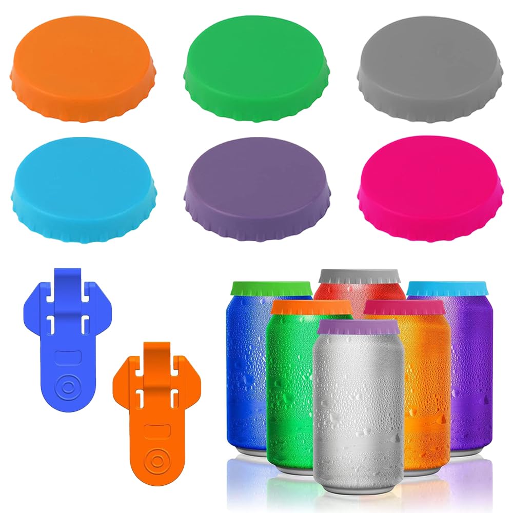 TRKETK6 Pcs Beverage Can Covers Lids and 2 Pcs Beer Can Openers, Silicone Beverage Can Lids Standard Soda Beer Saver Colorful Drinks Can Protection and SpillProof Drink Covers