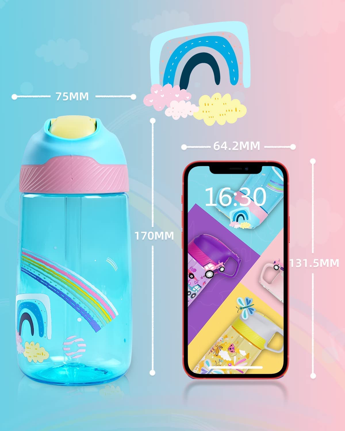 Fjbottle Borraccia per bambini con cannuccia, senza BPA, a prova di perdite, 450 ml, ecologica, sportiva in Tritan per bambini, con coperchio a scatto