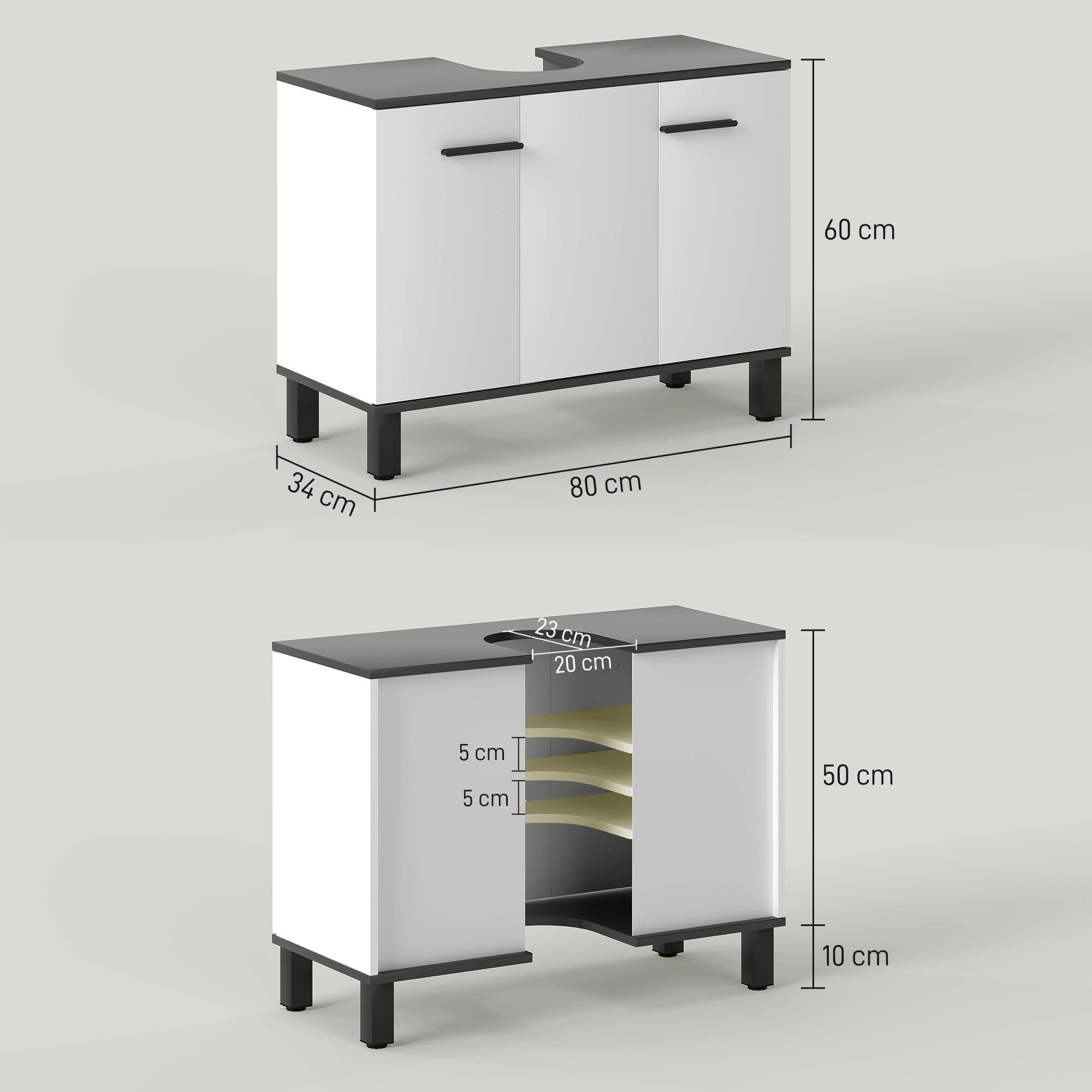 HOMCOM Mobile Sottolavabo per Bagno 80x34x60cm Bianco Lucido | 2 Ante, Ripiano Regolabile, per Lavabi con Colonna, Maniglia, Piedini Antiscivolo, Legno Truciolato
