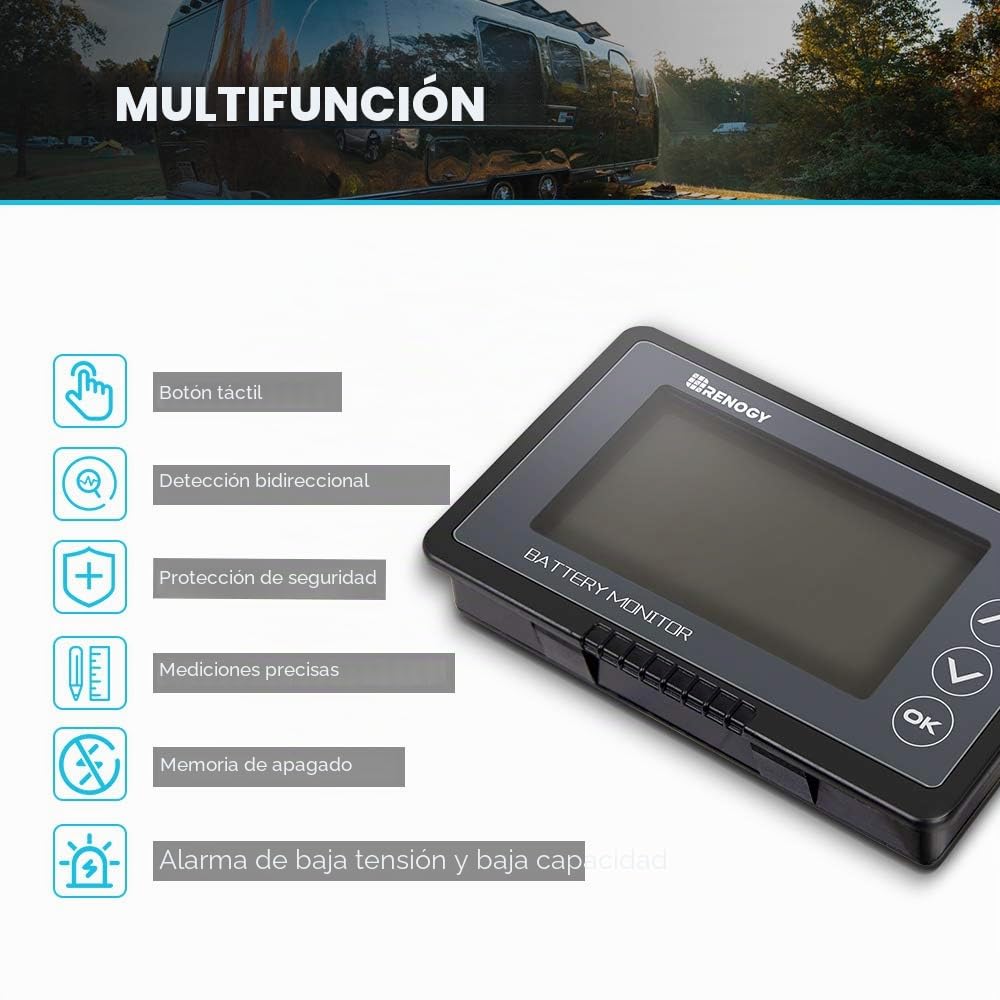Renogy Monitor de batería 500A con Alarma, indicador de Capacidad y Voltaje, Compatible con baterías LiFePO4, de Iones de Litio y de Plomo-ácido en vehículos recreativos y Sistemas solares.