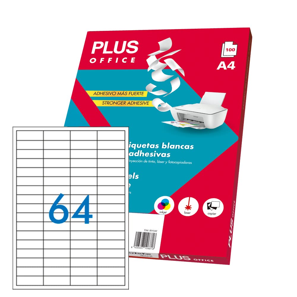 Plus Office - Witte zelfklevende etiketten om af te drukken, 100 vellen stickerpapier op A4 vellen voor inkjetprinters, laser en fotokopieerapparaat, 64 etiketten per vel (48,5 x 17 mm
