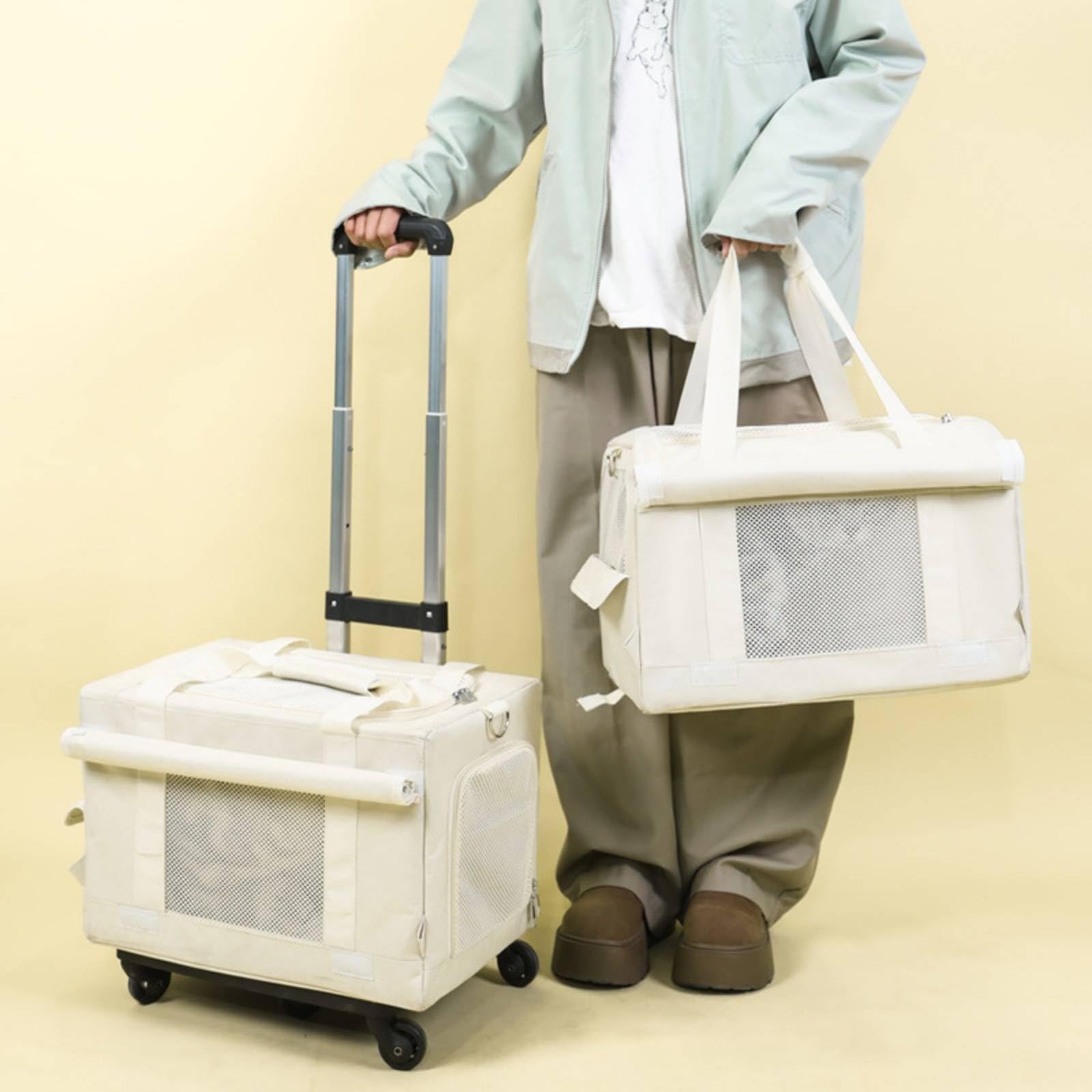 Tragbarer Haustierträger Katzenbox Hundetasche Transporttasche Tiertransport mit Großer Öffnung Zum Einfachen Einladen, Weiß, Untere Einzeltasche Mit Zugstange