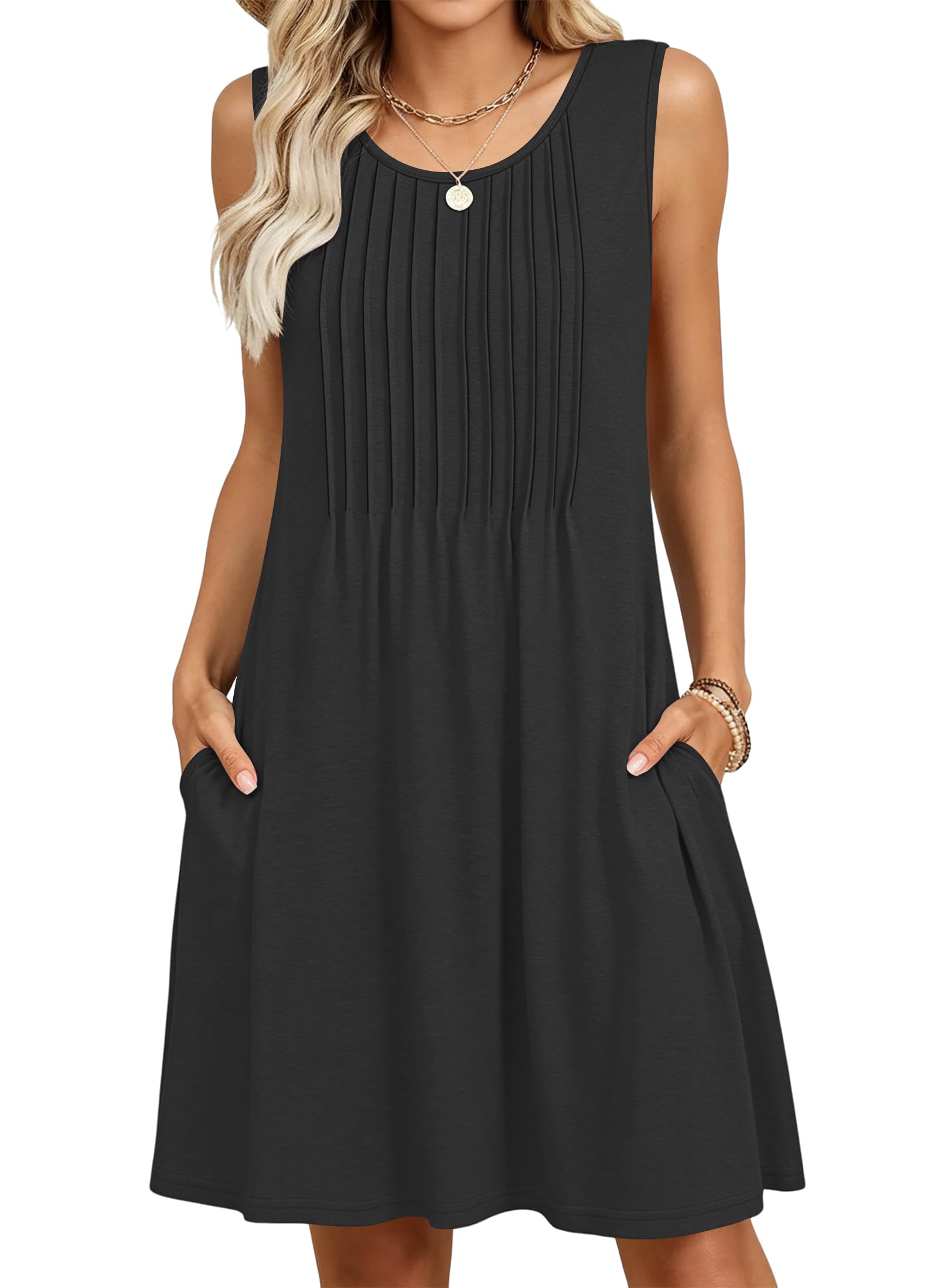 MOLERANI Women's Summer Midi Dress - Round Neck Casual Dresses Sleeveless Knee Length Women Casual Beach Dresses with Pockets Black 2XL