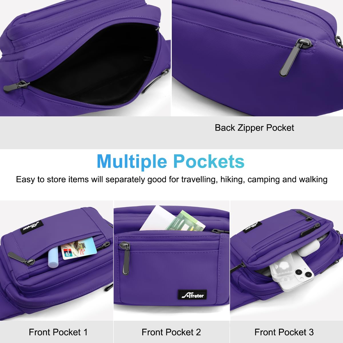 REETEE Waterproof bumbags for Ladies Men Fashion Bum Bag with Adjustable Belt and 5 Zipper Pockets Large Capacity Fanny Pack Waist Bag for Outdoors Sport - Image 4
