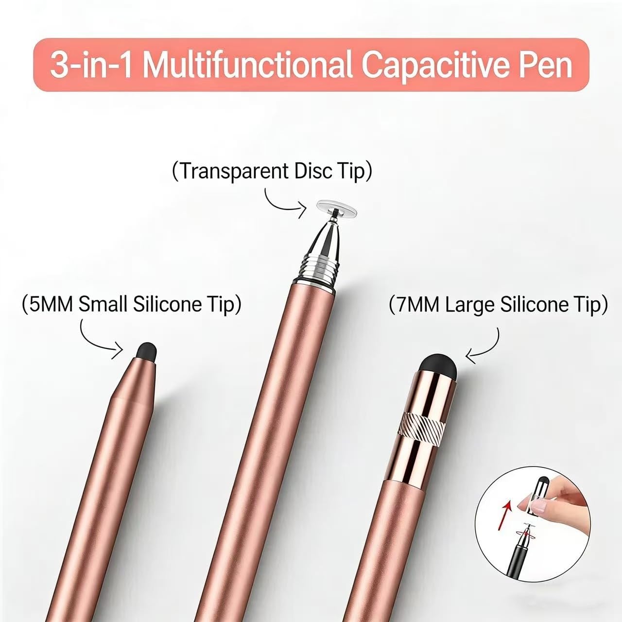 Lápiz capacitivo 3 en 1 para Samsung Galaxy Tab A11+/A11/A9+/A9/A8+/A8 Universal Android Pen compatible con iOS/Microsoft/Android Tablet y teléfonos todos los dispositivos táctiles (3 en 1 oro rosa)