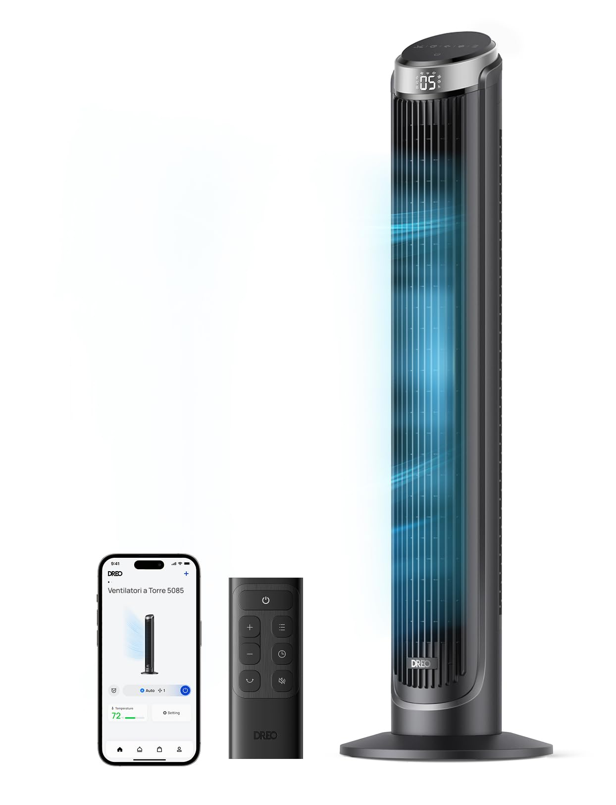 DREO Smart Ventilatore a Torre Silenzioso, Oscillazione a 90°, Ventilatore con Telecomando per Camera da Letto, 7.9m/s, 5 Livelli, 4 Modalità, Touch/Telecomando/App & Vocale, Alexa, 12H Timer, Argento
