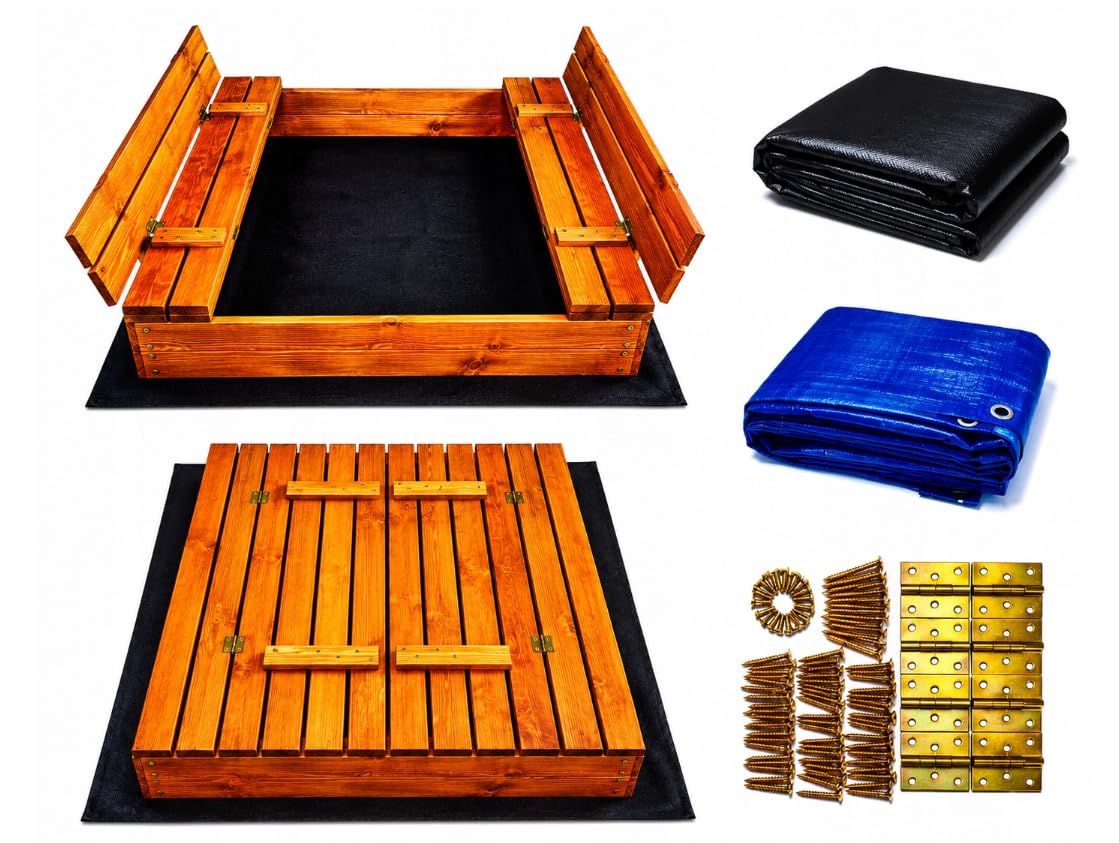Piaskownica z pokrywą – 120 x 120 cm – piaskownica drewniana z pokrywką i ławkami do siedzenia – zabawka ogrodowa dla dzieci – impregnowana piaskownica – piaskownica (miodowy brąz)