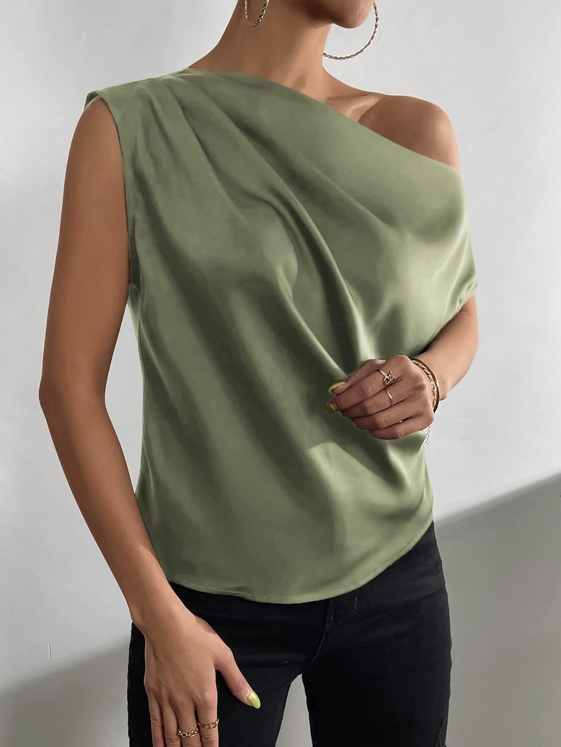 WDIRARA Women's One Shoulder Ruched Short Sleeve Satin Blouse Elegant Asymmetrical Neck Top - Image 3
