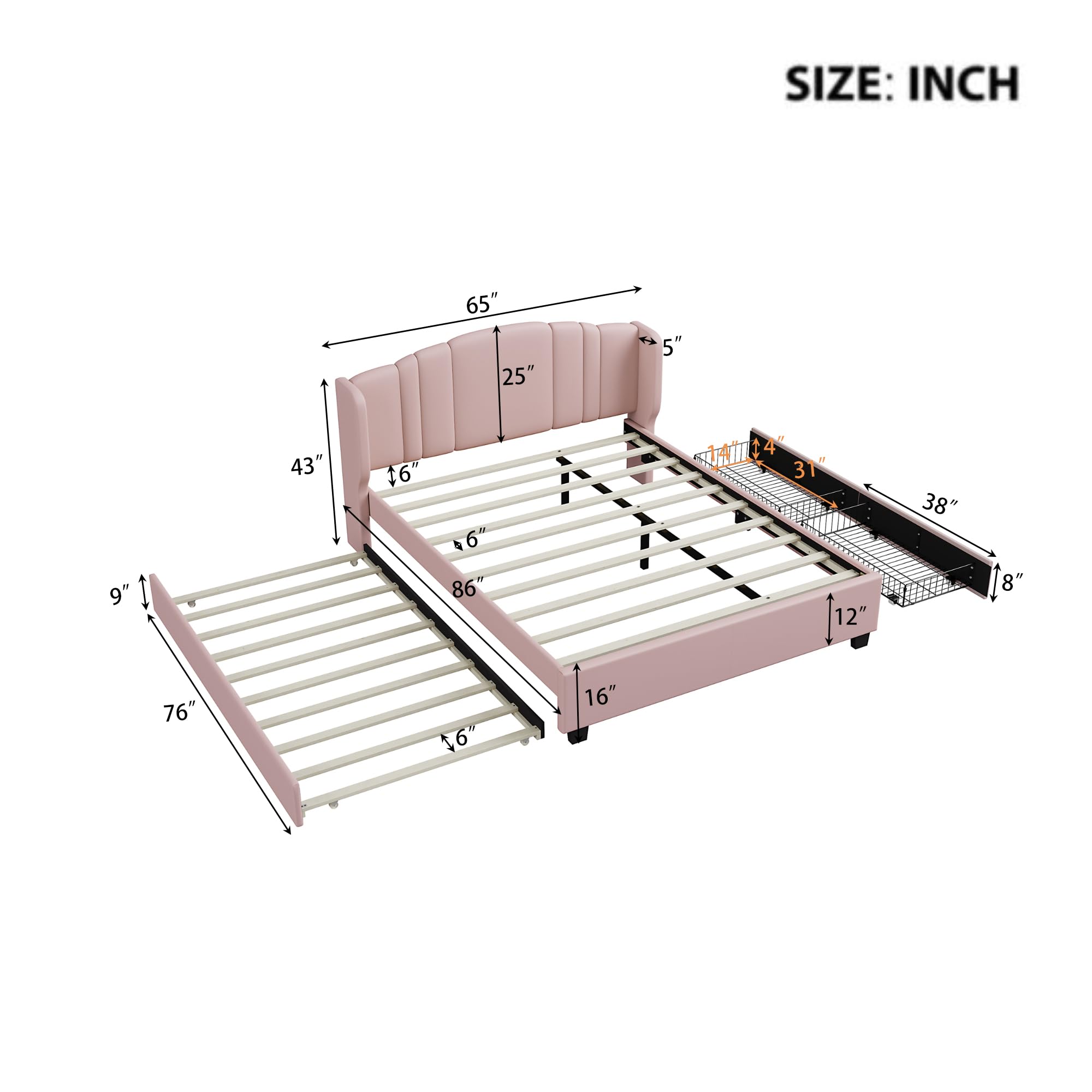 BEDGJH Upholstered Platform Bed Queen Size with Wingback Headboard, Twin Trundle and 2 Drawers for Kids Teens Adults, No Box Spring Needed (Pink)