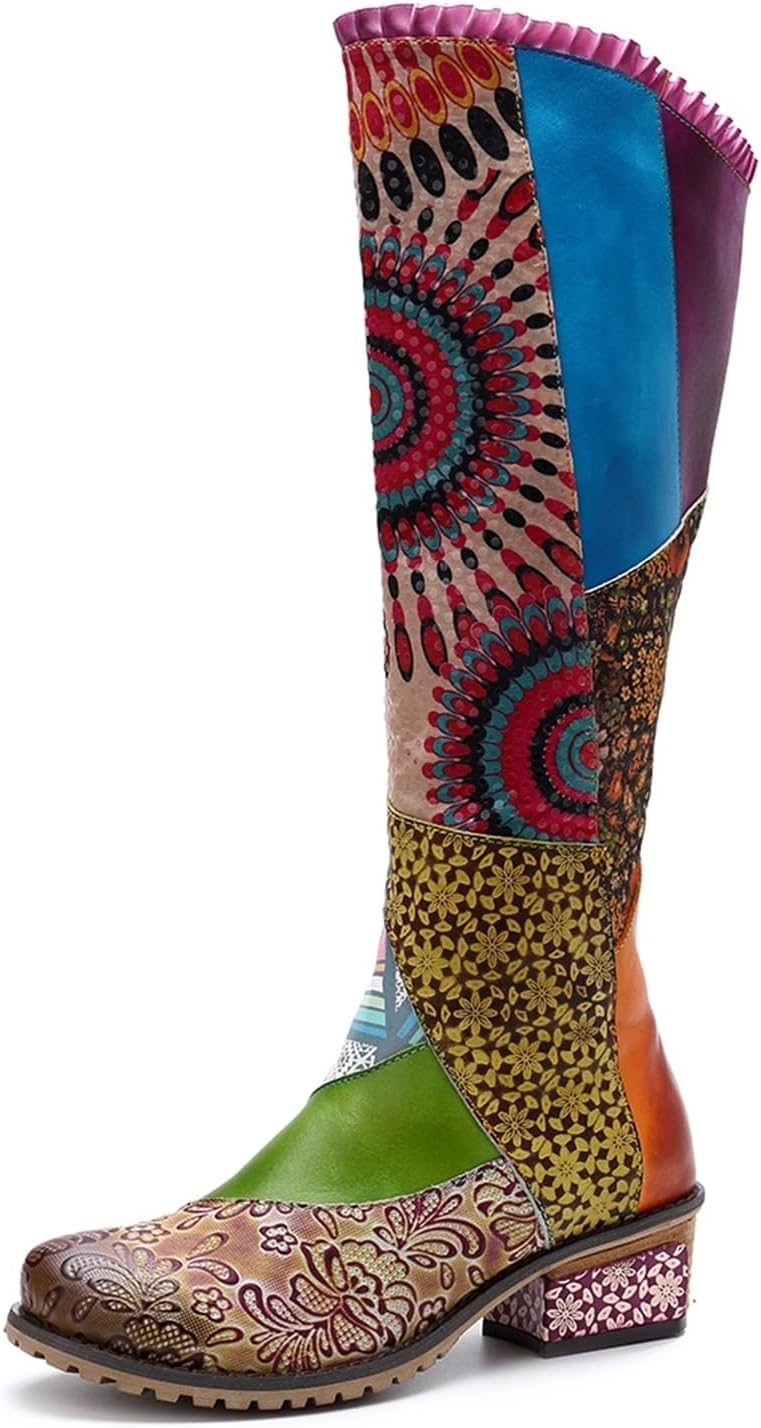 Autumn Winter Casual Retro Ethnic Style Women's Bohemian Gradient Splicing Flower Pattern Boots Lace Zipper Knee High Boots