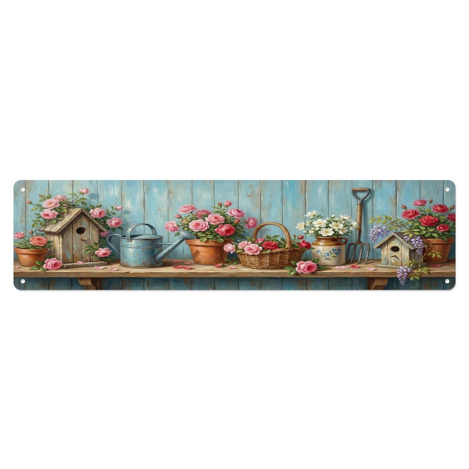 Floral Garden Tools Birdhouse Rose Pattern Print Metal Tin Sign