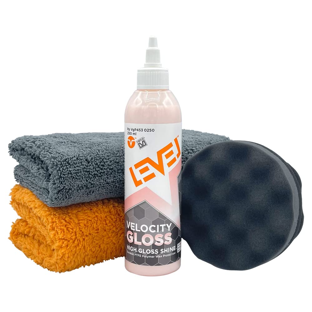 LEVEL Velocity Gloss Car Wax PTFE Speed Wax, 8oz Bottle, Applicator Pad, 2-Microfiber Towel Kit