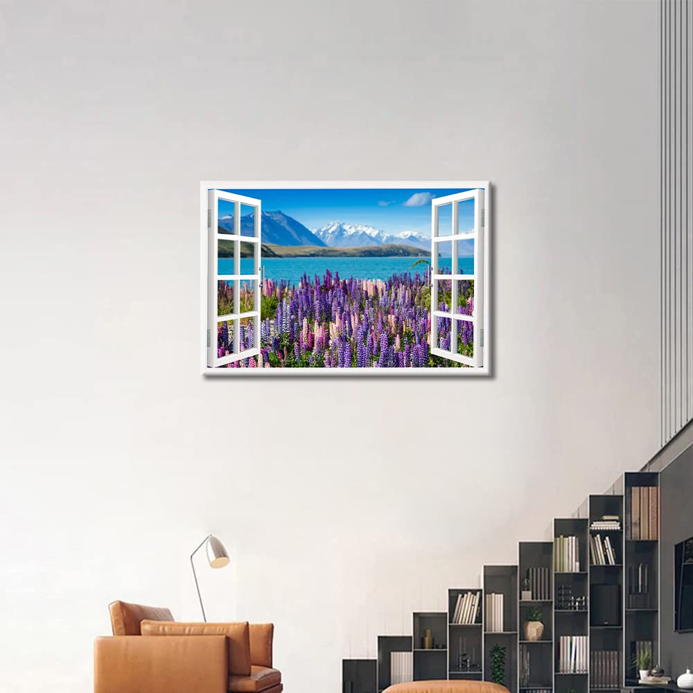 Window View Wall Art Lanvender Field by The Lake Wall Decoration for Living Room Wall Paintings 1 Piece Home Decor Canvas Wall Art Modern Artwork Giclee Wooden Framed Ready to Hang (24"W x 16"H) - Image 3