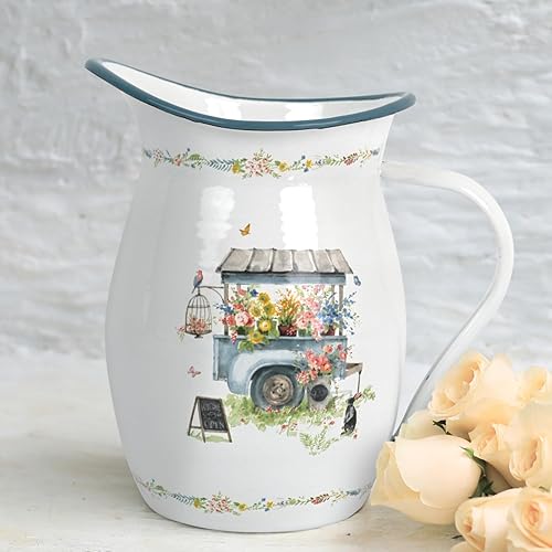 Jarra esmaltada con mango ancho, jarrón de metal vintage para decoración de mesa, oficina, hogar, regalo y té helado, café, bebidas frías