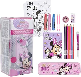 My Sweety Pop - Kit de papelería infantil para niños con estuche de metal, rotuladores, bolígrafo, borrador, cuaderno, lápices de colores y papel, regalo de regreso a la escuela (Minnie - Rosa)