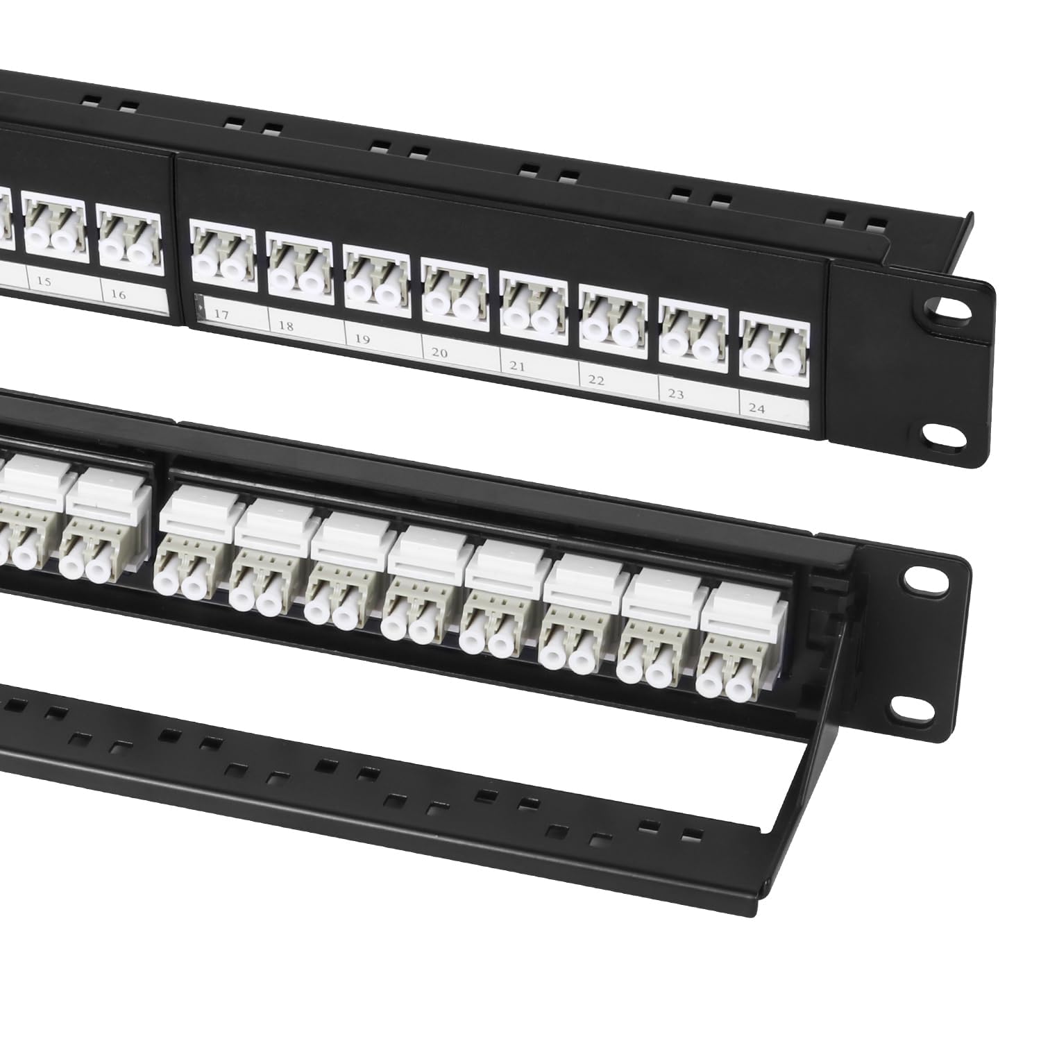 Lot de 2 panneaux de brassage en fibre à montage en rack 1U avec 24 coupleurs de fibre multimode LC-OM1/OM2 Jack Keystone Jack Modulaire (vis de rack incluses)