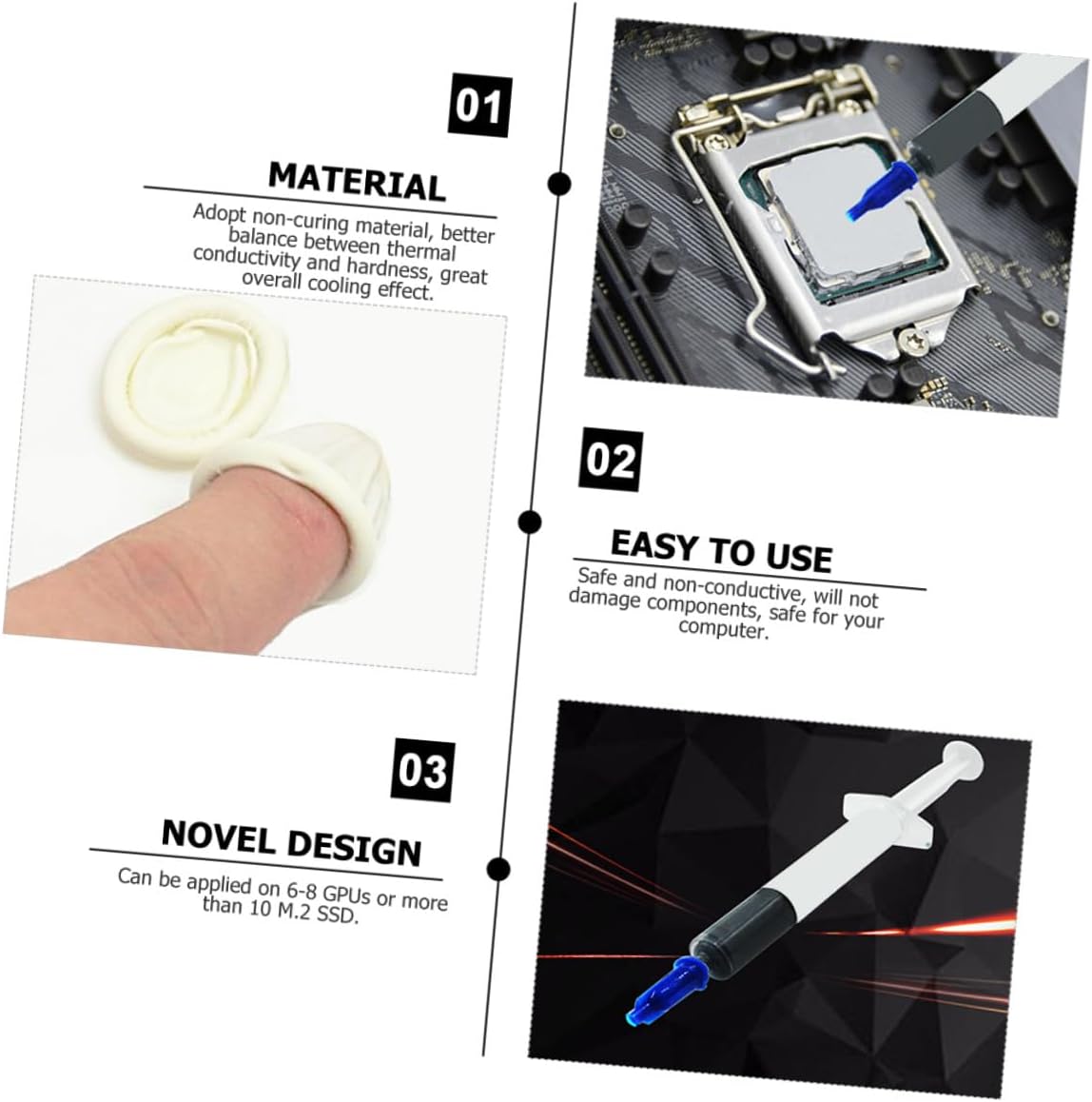 NOLITOY Thermal Paste and Heat Sink Grease Kit 8w Thermal Conductivity, Non-Curing Silicone Compound, Includes 1 Syringe, 2 Finger Sleeves, and 1 Spatula for CPU Gpu Cooling in Computer