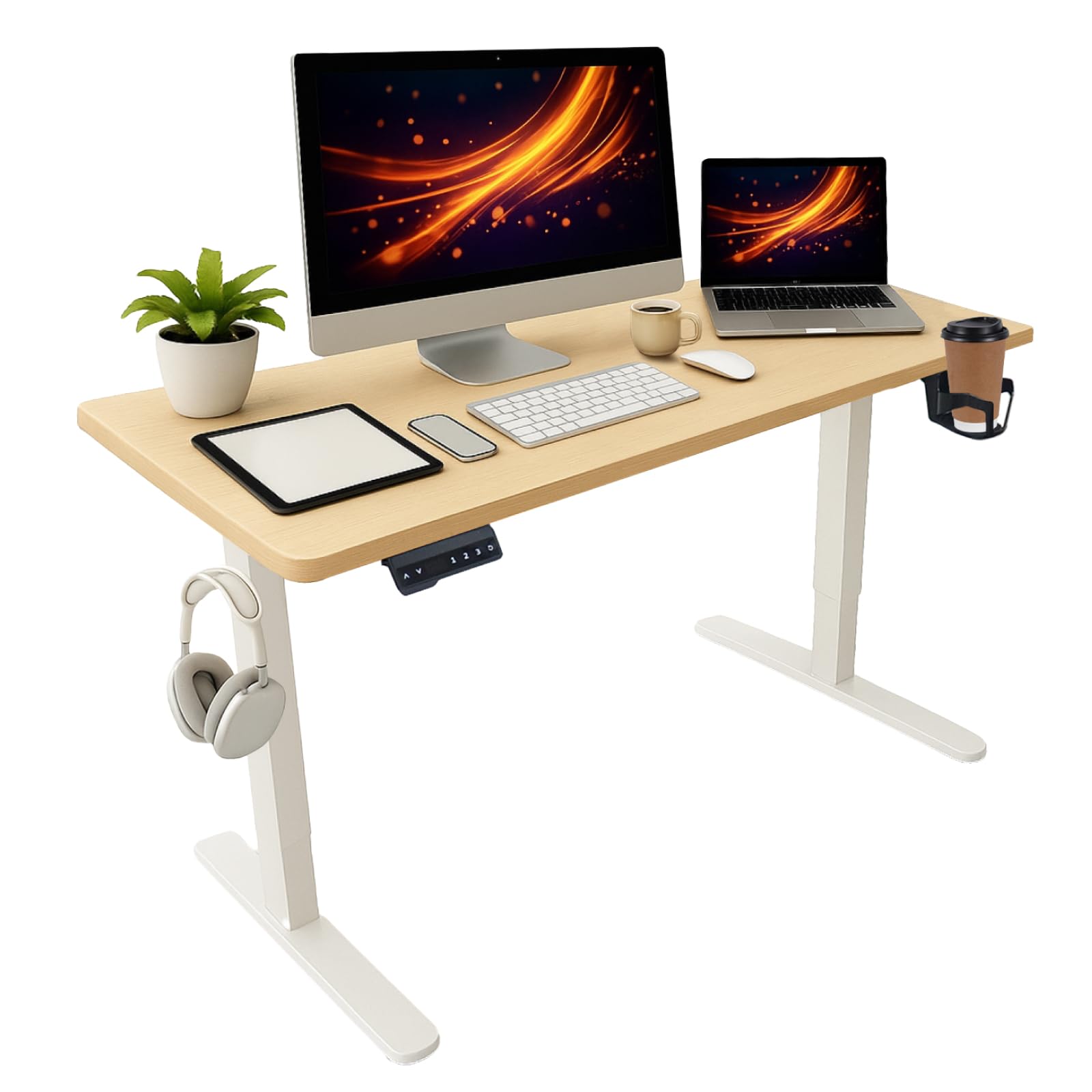 Amazon | Skyvance 電動 昇降デスク 一枚板 天然木芯材 上下昇降 3つの