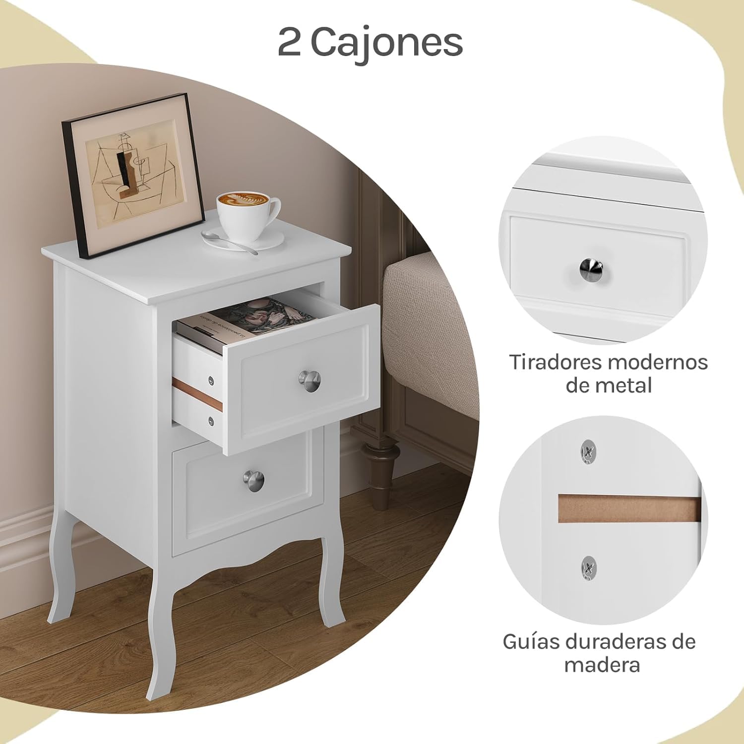 WOLTU Mesitas de Noche Mesilla Auxiliar Sofá Mueble con Espacio de Almacenamiento Mesa para Cama Café Dormitorio con 2 Cajones 40x30x60cm Blanco MDF TS119ws