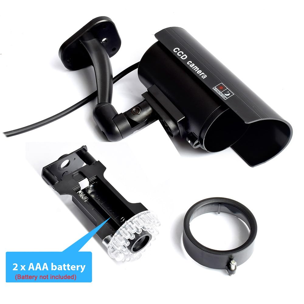 Cámara de seguridad falsa, sistema de vigilancia CCTV simulado con luces intermitentes rojas realistas y calcomanía de advertencia para interiores y exteriores