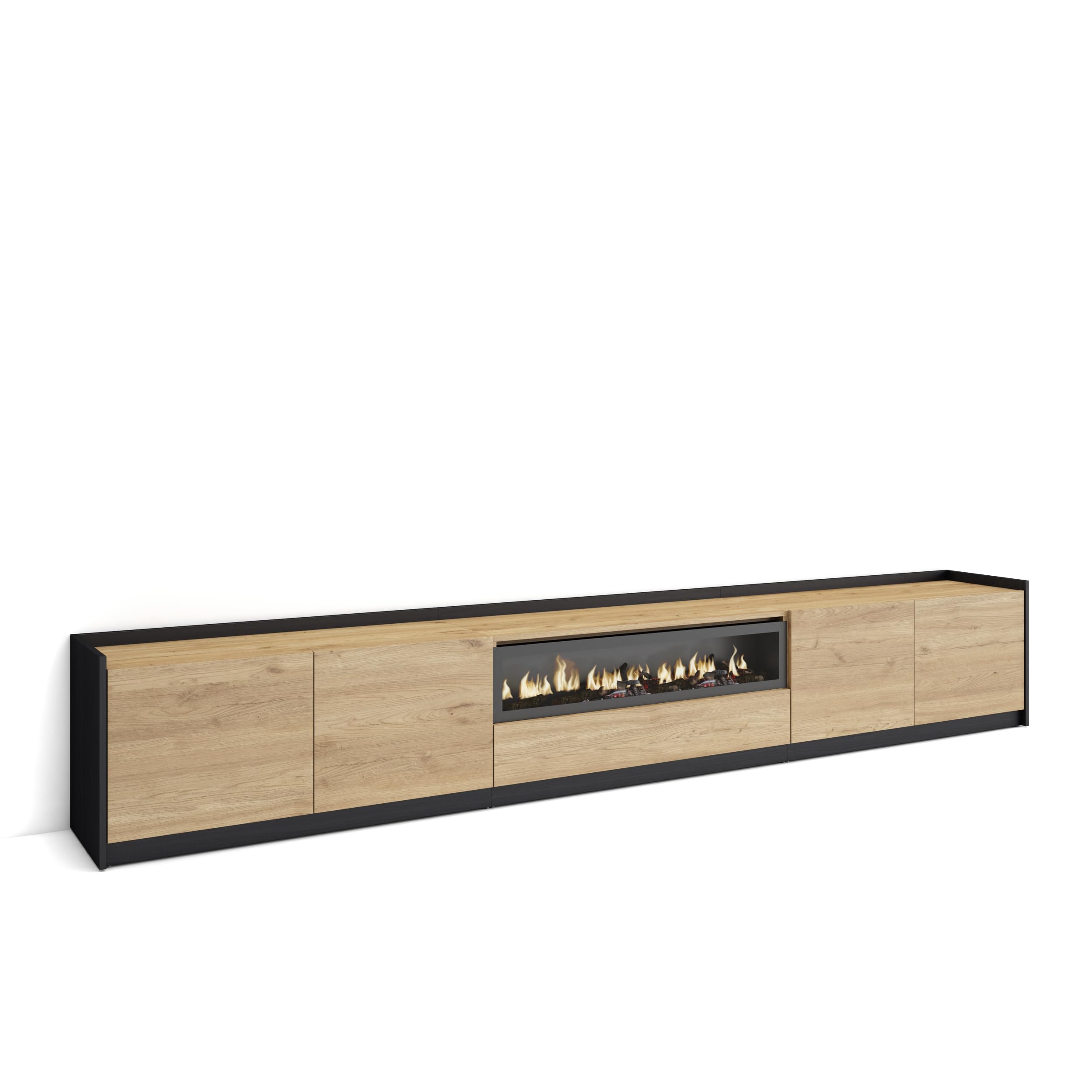 Skraut Home | Mueble TV | Muebles de salón, almacenaje | 310x50x37 cm | para televisión hasta 80" | Chimenea eléctrica | Estilo Moderno | Roble y Negro