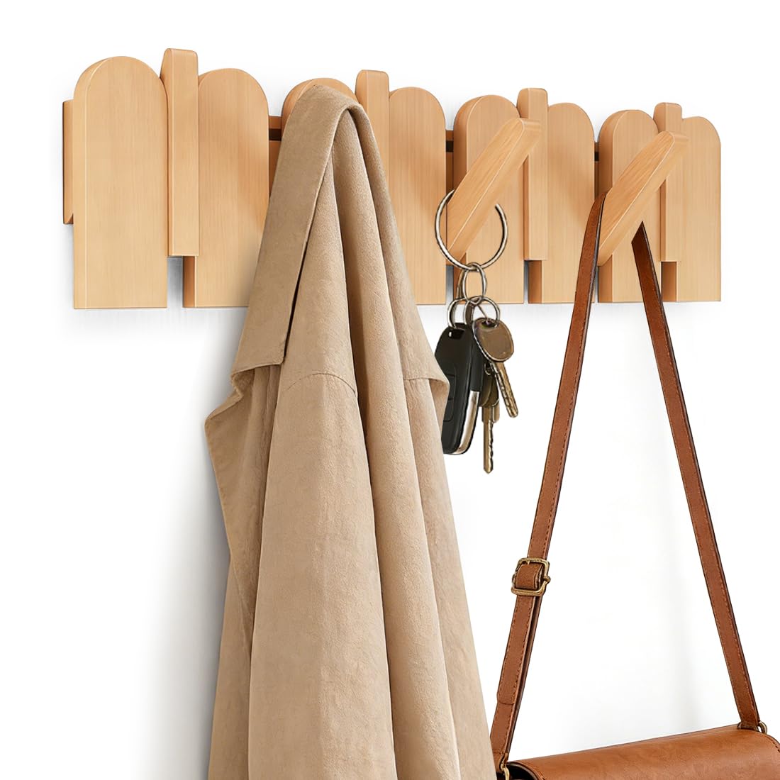 Garderobenhaken Holz Wand, Holzplatte Garderobenleiste Faltbarer Kleiderhaken mit 5 Haken, Stäbchen Garderobenhaken, 42.5*14cm, wandgarderobe bis 25kg für Jacken, Schals, Handtaschen und Mehr